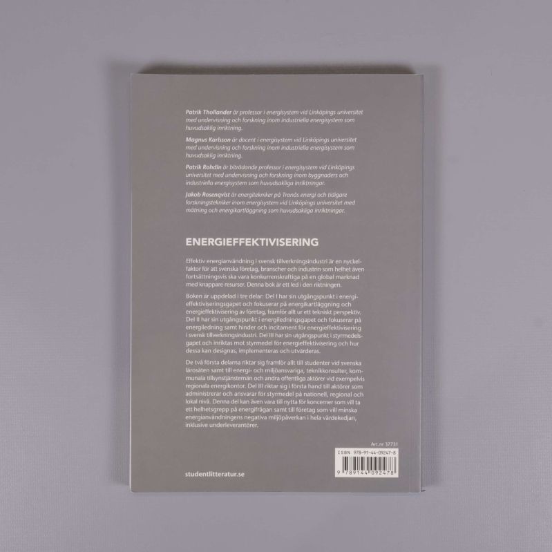 Baksida av boken Energieffektivisering med text och ISBN