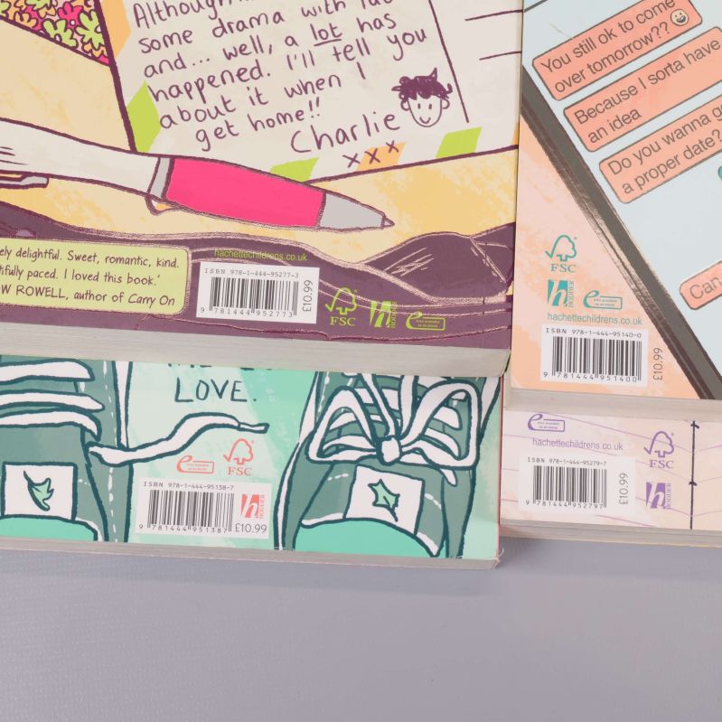 Närbild på ISBN-koder på baksidan av fyra Heartstopper-böcker
