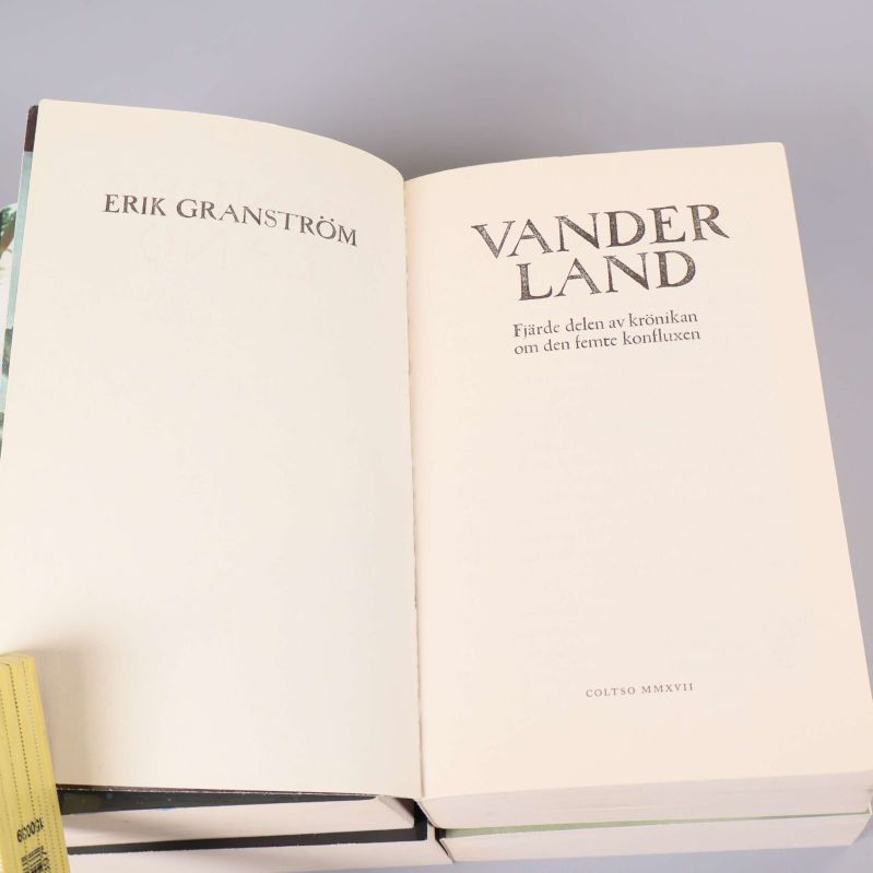 Uppslagen bok med titelsida, Vanderland av Erik Granström