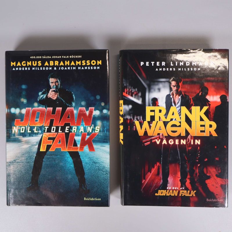 Framsida av böckerna Johan Falk Noll tolerans och Frank Wagner Vägen in med filmiska omslag