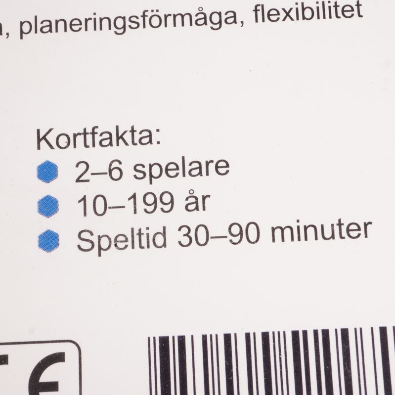 Närbild på baksida visar kortfakta om antal spelare, ålder och speltid