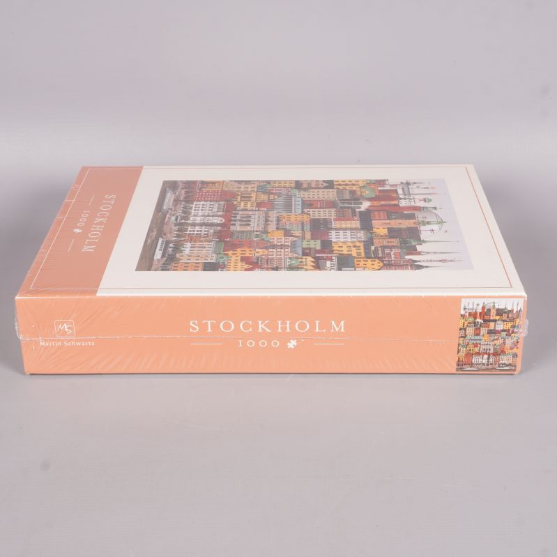 Sida av pusselboxen med Stockholm och 1000 bitar
