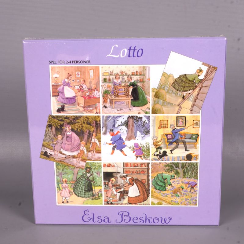 Framsida av lottospel med olika färgglada Beskow-illustrationer