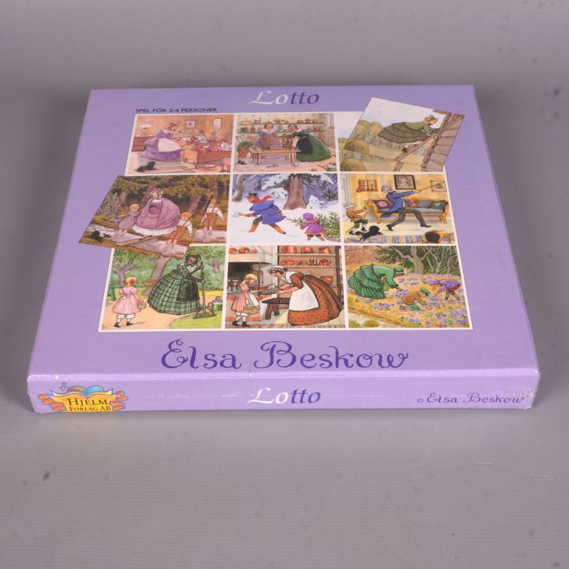 Snedvy på lottospelets låda med motiv och texten Elsa Beskow