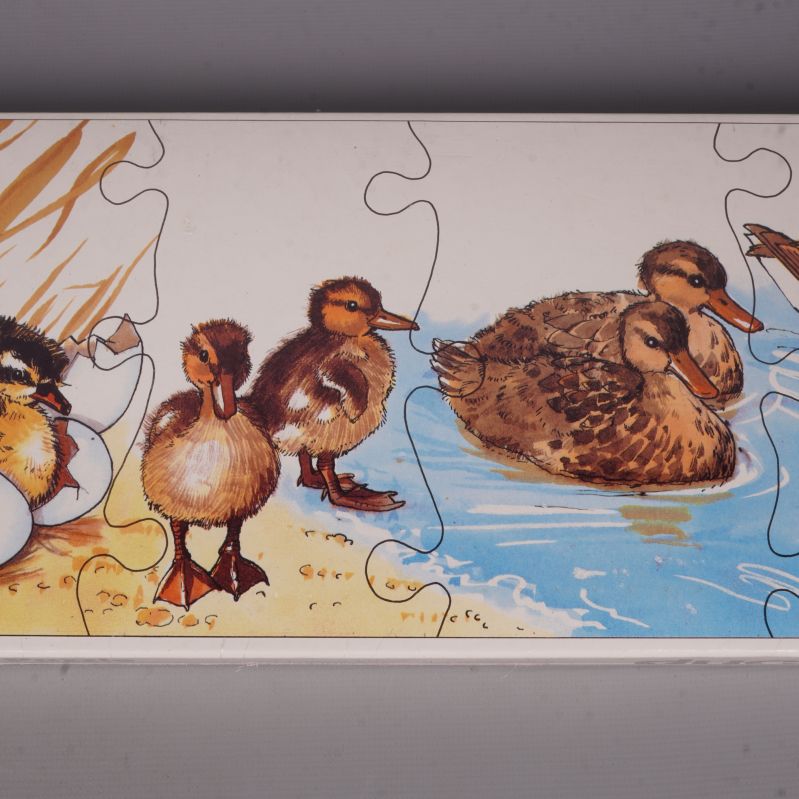 Närbild på pusselbitar med två änder vid vatten