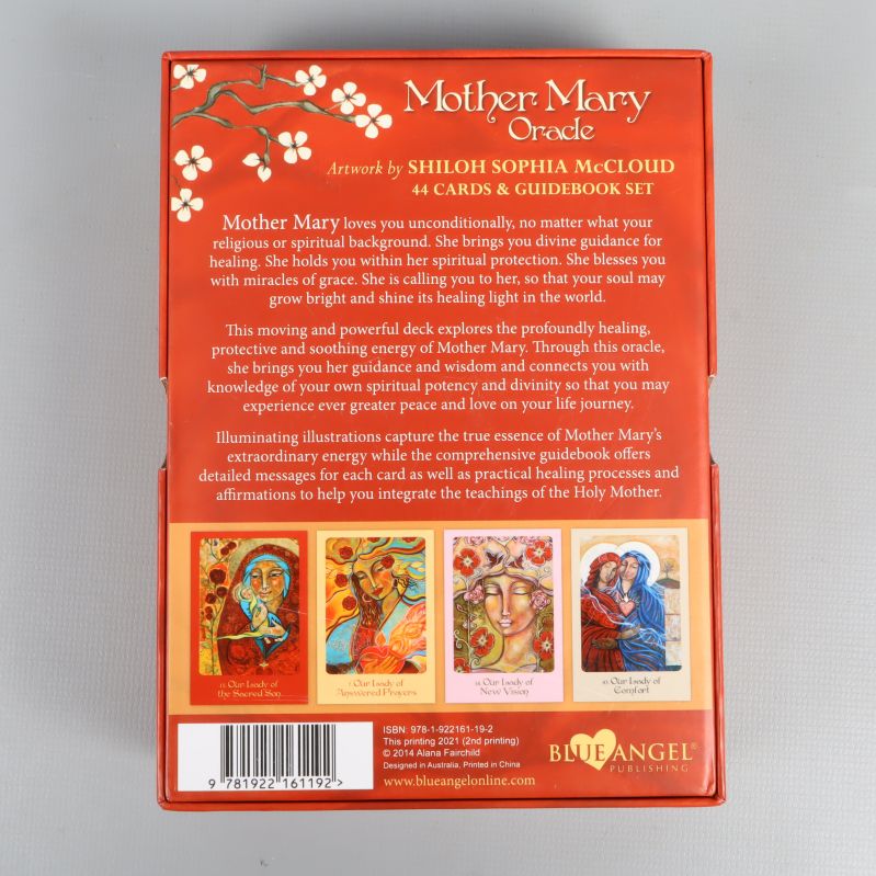 Baksidan av Mother Mary Oracle box med beskrivning och bilder