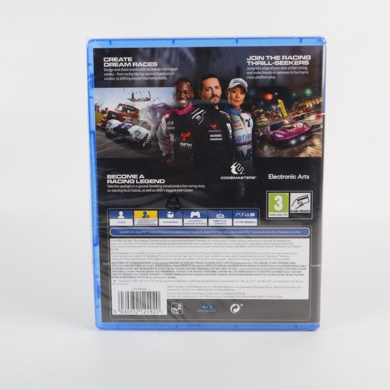 Baksidan av Grid Legends PS4-spel med beskrivning och karaktärer