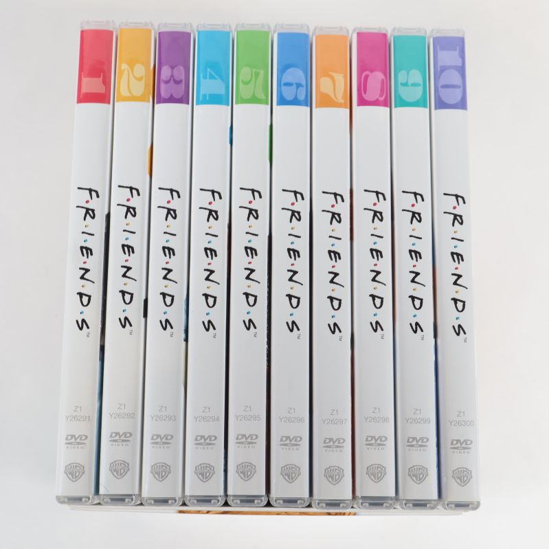 Friends säsongsdvd i färgglada fodral ordnade efter nummer