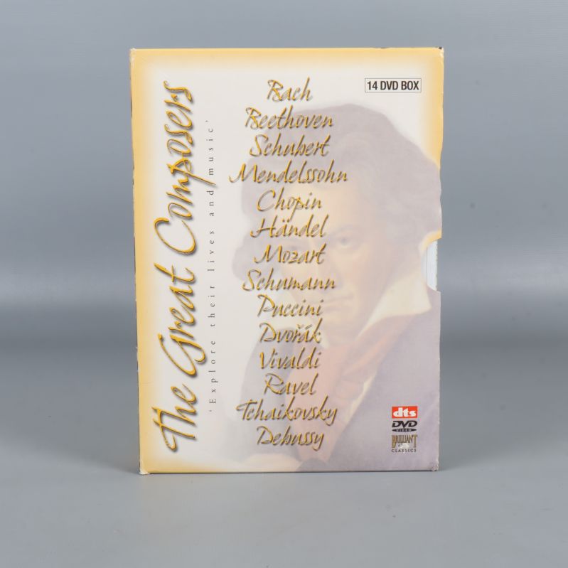Framsidan av DVD-boxen The Great Composers med lista på kompositörer