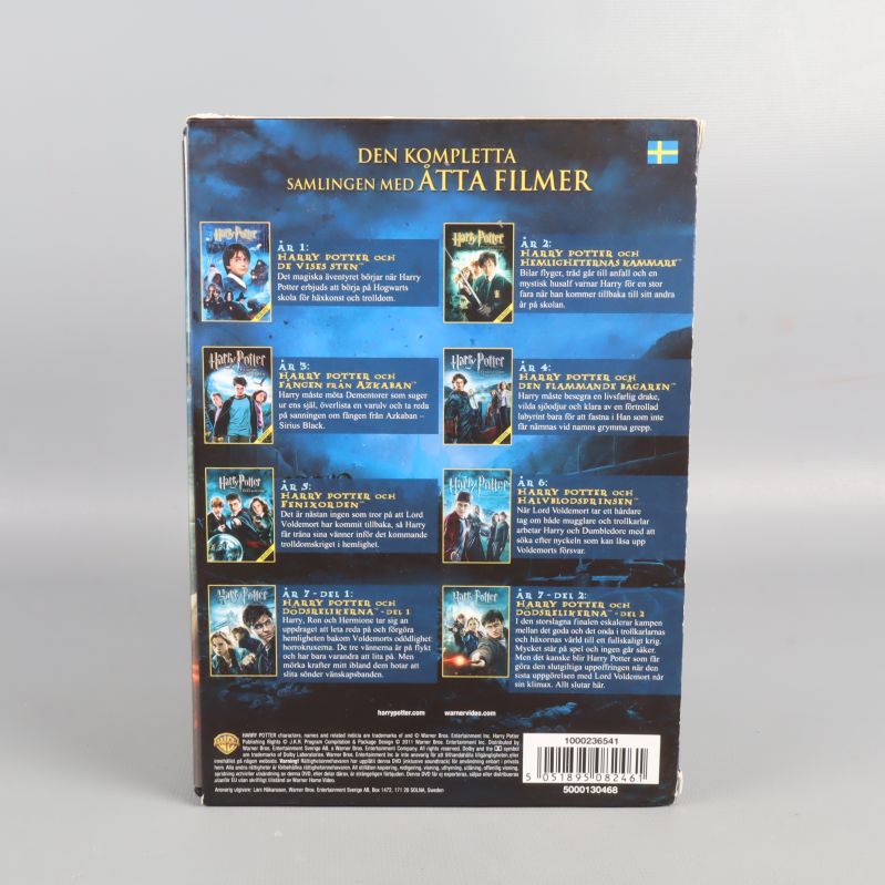 Baksidan av Harry Potter DVD-boxen med beskrivning av filmerna