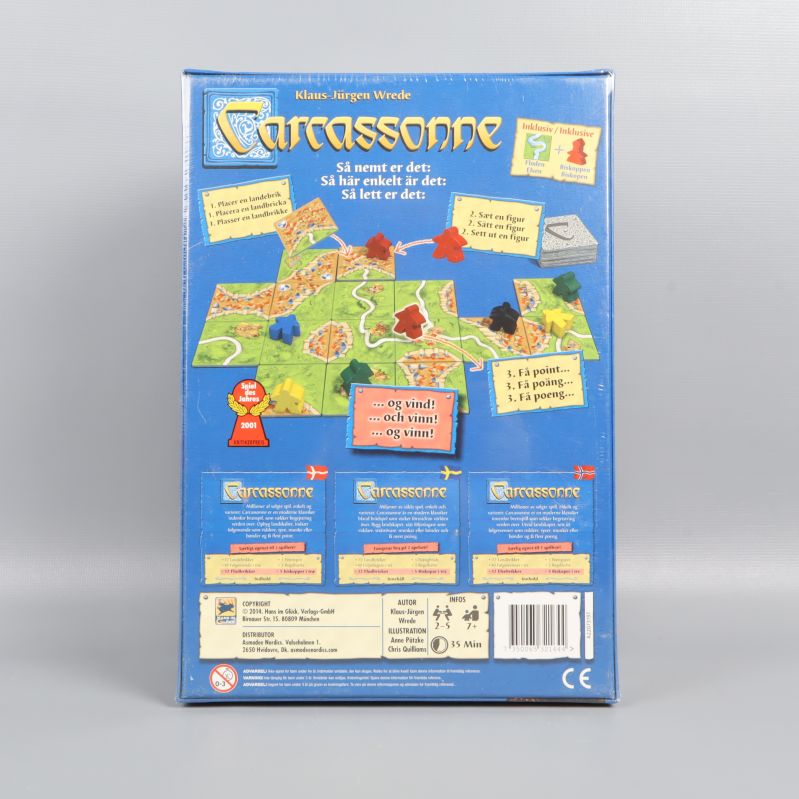 Baksidan på Carcassonne med spelförklaring och komponenter