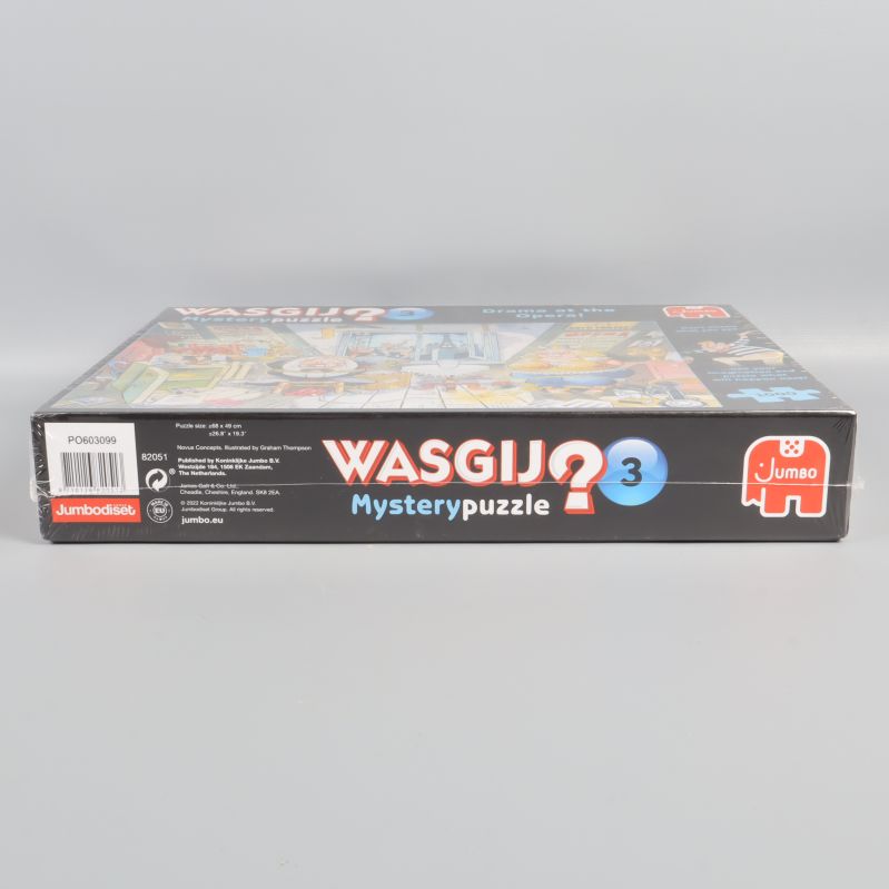 Wasgij Mysterypuzzle 3 logo och sidoetikett på pussellåda