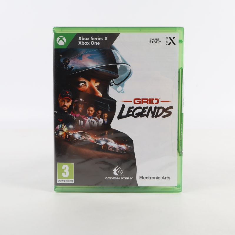 Framsidan av GRID Legends till Xbox Series X med hjälm och tävlingsförare