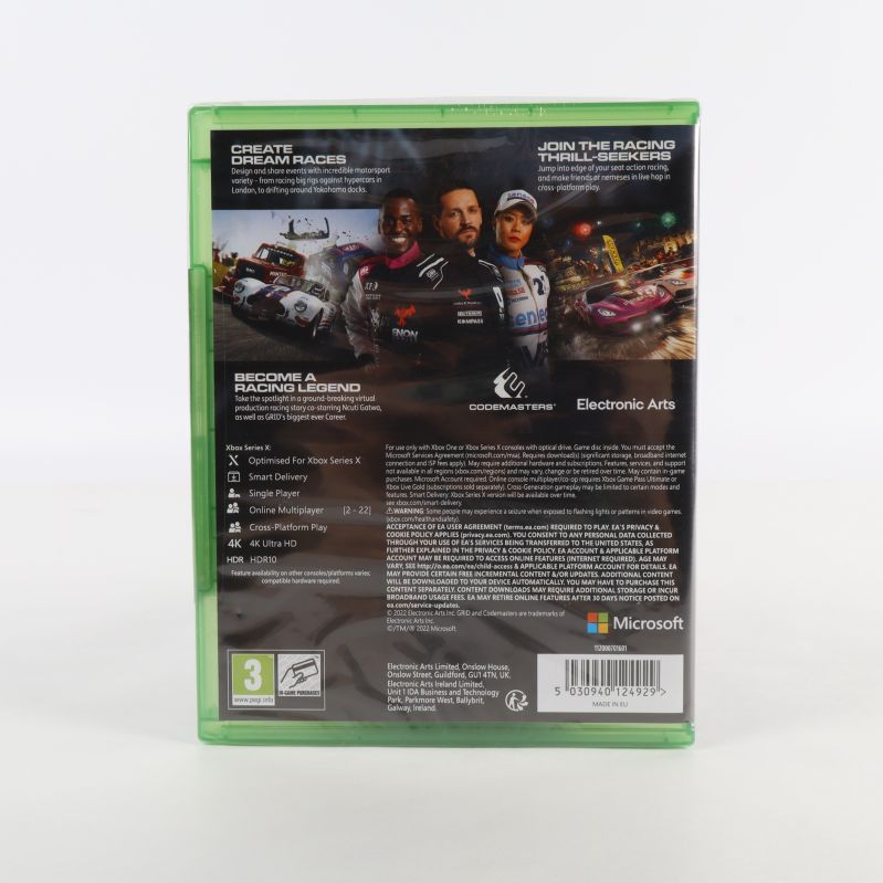 Baksida på GRID Legends Xbox-spel med bilscener och info