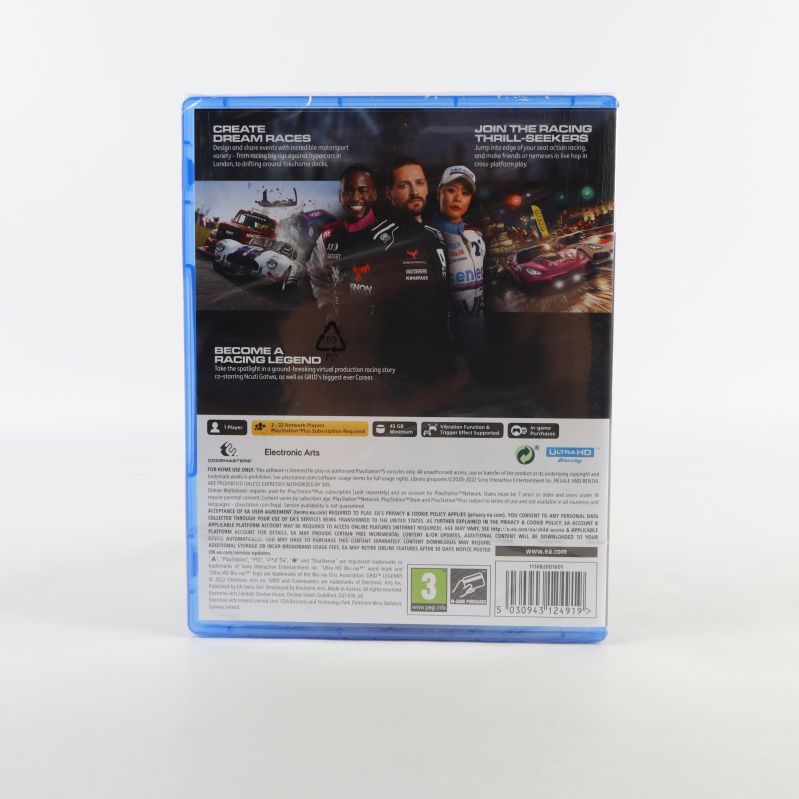 Baksidan av Grid Legends PS5-fodral med spelbeskrivning och bilder