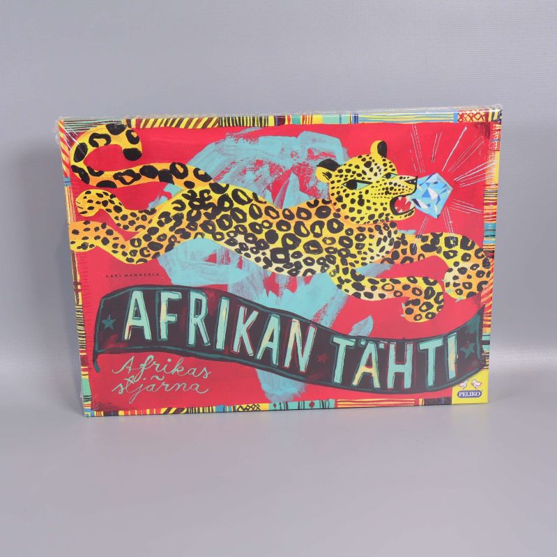 Framsida av brädspelet Afrikas stjärna med färgglad gepard