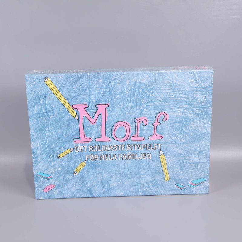 Spelask med blå bakgrund och texten Morf i rosa