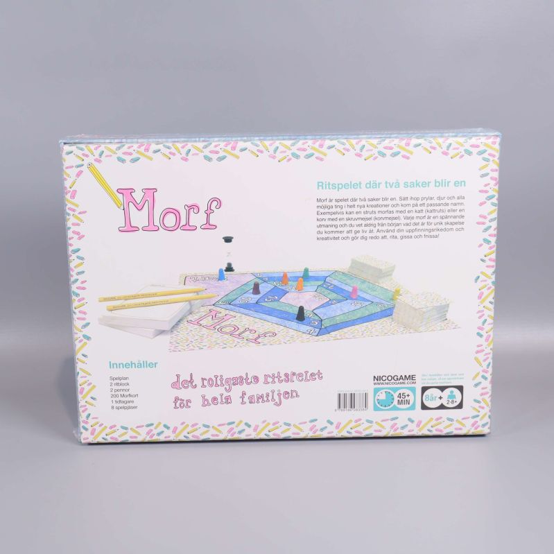Baksidan av spelet Morf med innehållsförteckning och illustrationer