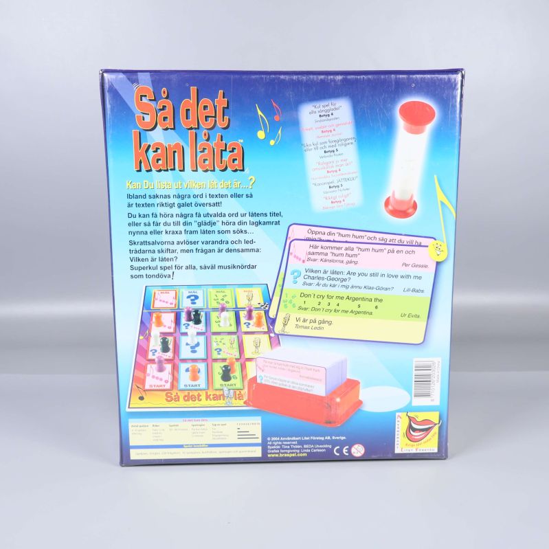 Baksidan av spelkartongen Så det kan låta med spelregler och innehåll