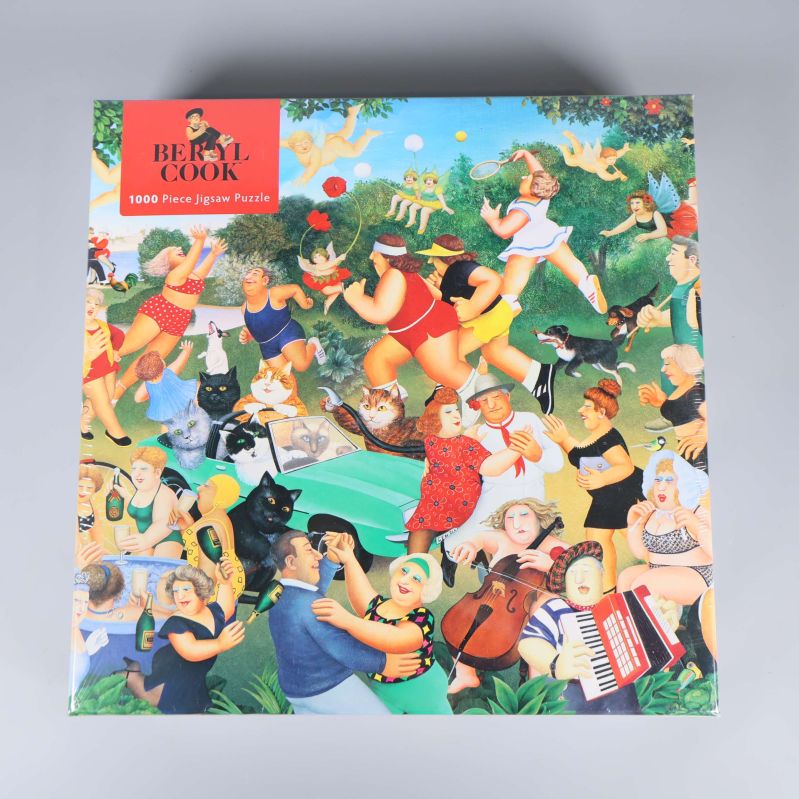 Färgglad pussellåda med illustration av fest och människor