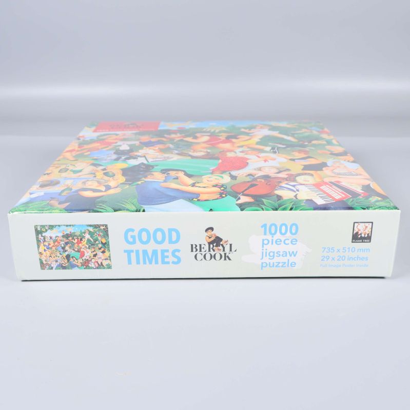 Sida av pussellåda, texten Good Times och 1000 bitar