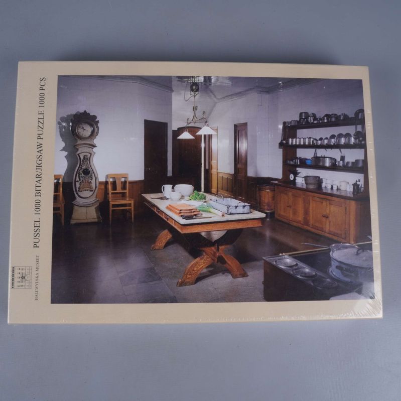 Pusselask med köksmotiv och 1000 bitar visas framifrån