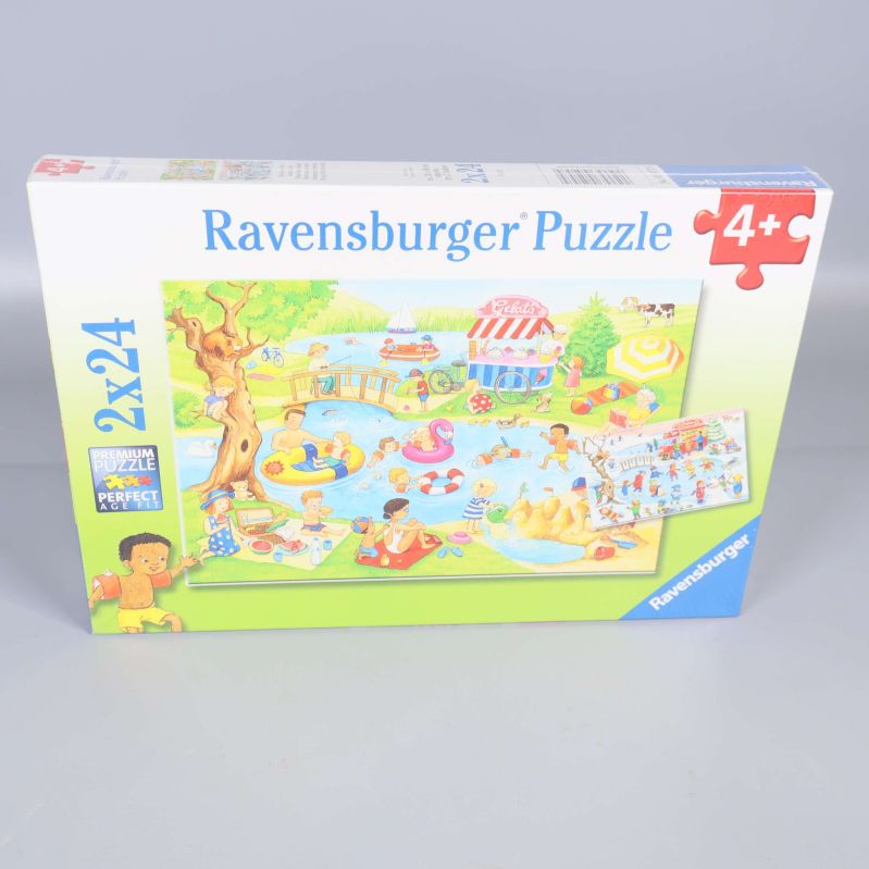 Framsida av Ravensburger barnpussel 2x24 bitar med lekfull illustration