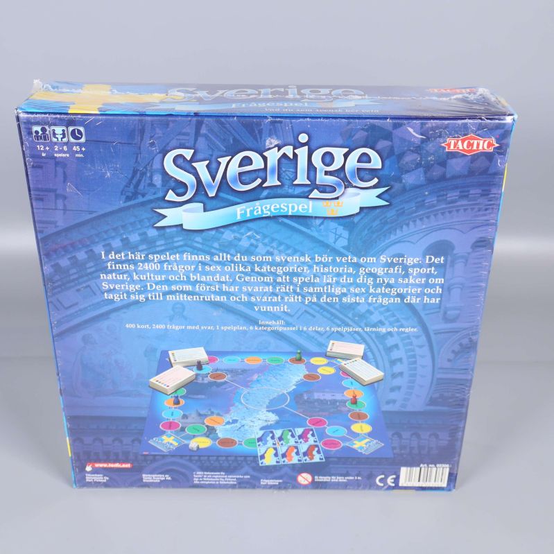 Sverige Frågespel spelbox baksida med spelinformation och illustration