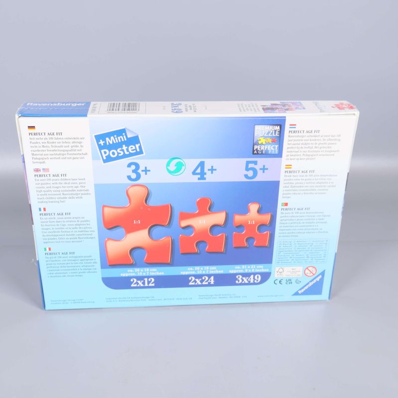 Baksida av Ravensburger Frozen pussel visar bitantal och rekommenderad ålder