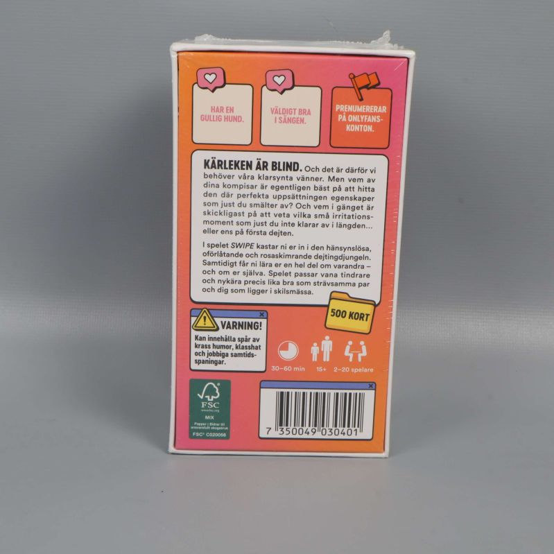 Baksidan av Swipe spelet med beskrivning och antal kort