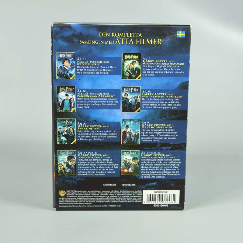Baksidan av Harry Potter-filmbox med filmsammanfattningar