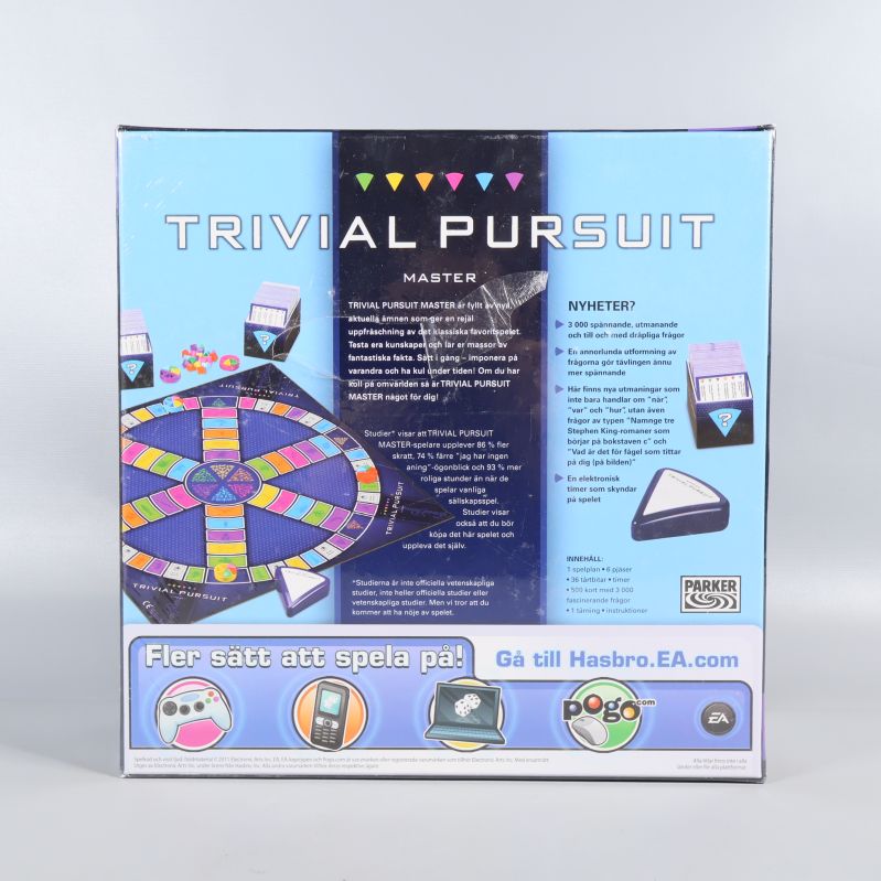 Baksida av Trivial Pursuit-spel med spelplan och illustrationer