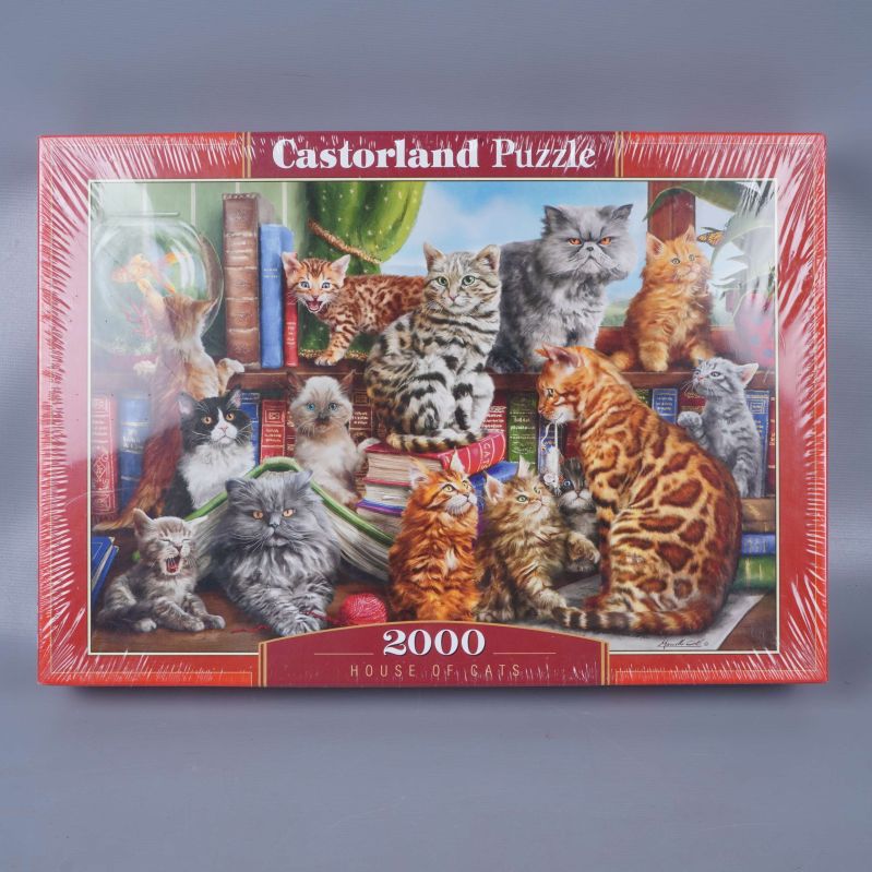 Framsidan av pusselask med flera katter och böcker