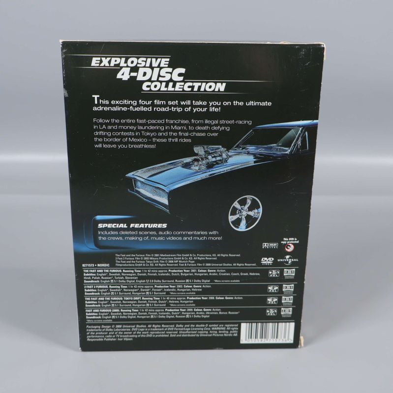 Fast & Furious 4-disc DVD-box baksida med filminfo och bilgrafik