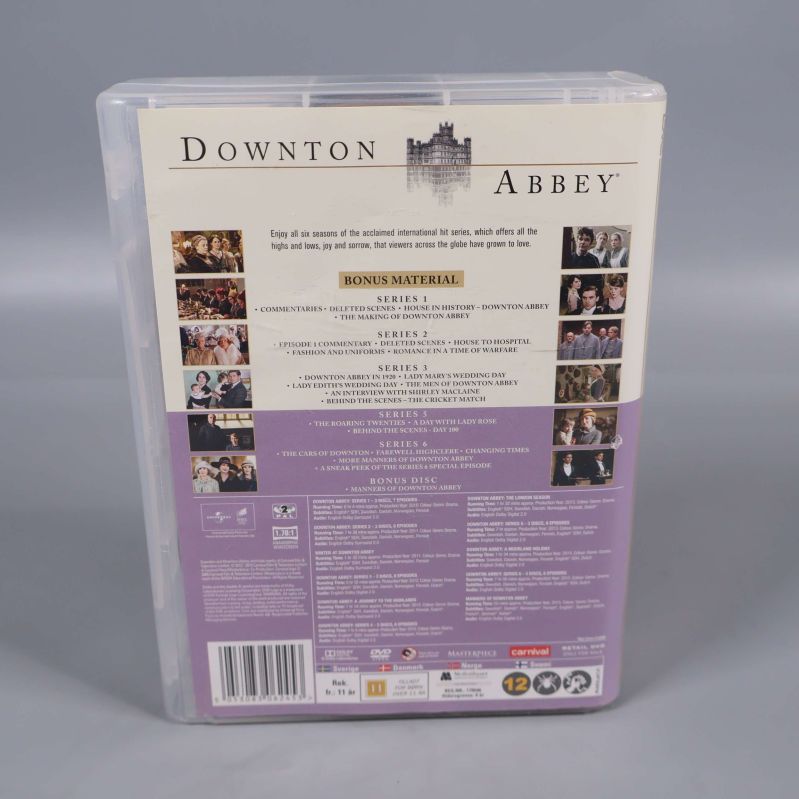 Baksidan av Downton Abbey DVD-box med innehåll och bilder