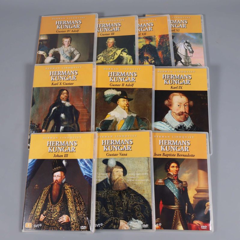 Nio olika DVD-omslag från Hermans Kungar utspridda