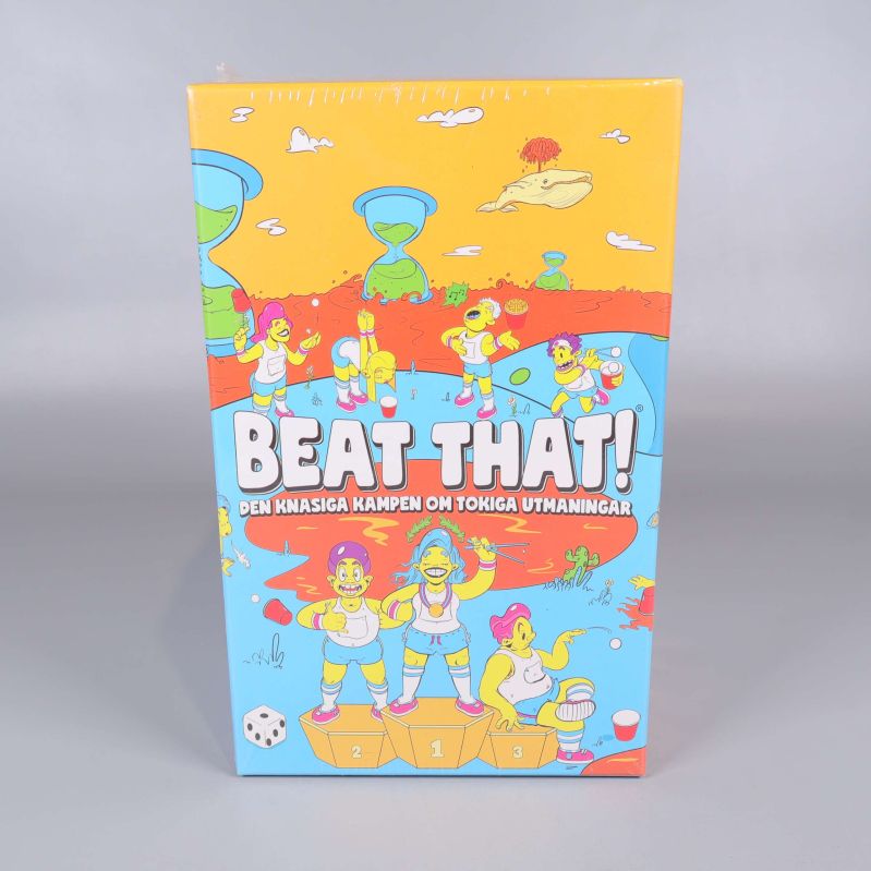 Framsidan av Beat That med lekfull grafik och spelkaraktärer