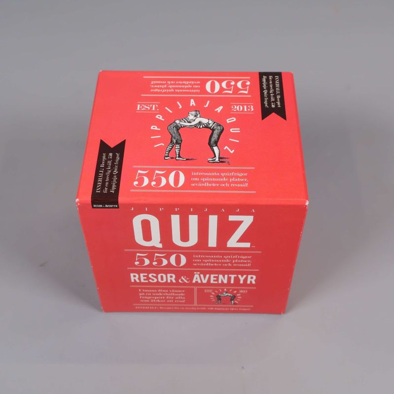 Quizspel i röd box med vit text och illustration