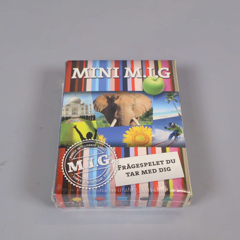Mini MIG frågespel i plast med färgglad randig förpackning