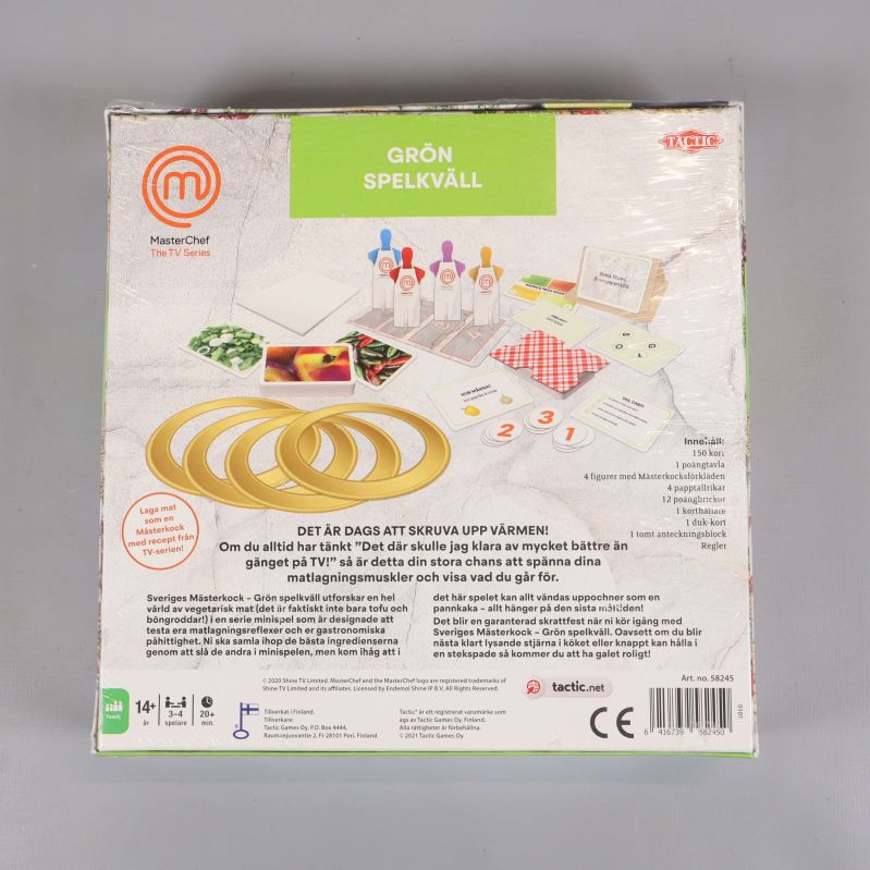 MasterChef spelkväll grön baksida visar spelkomponenter och instruktioner