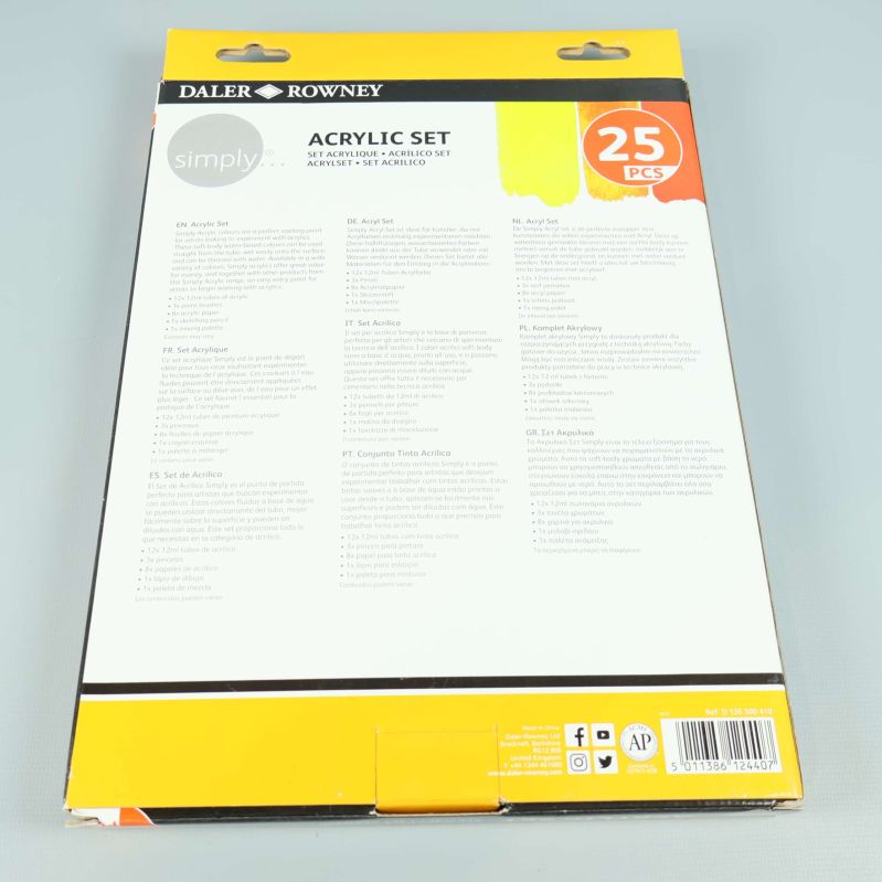 Baksidan av Daler Rowney akrylset med produktinformation