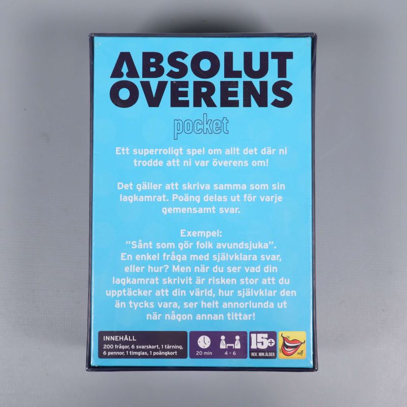 Baksidan av Absolut Överens pocket med spelbeskrivning och exempel