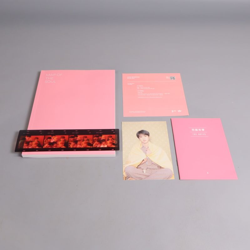 BTS-album med fotobok, kort och filmremsa upplagda bredvid