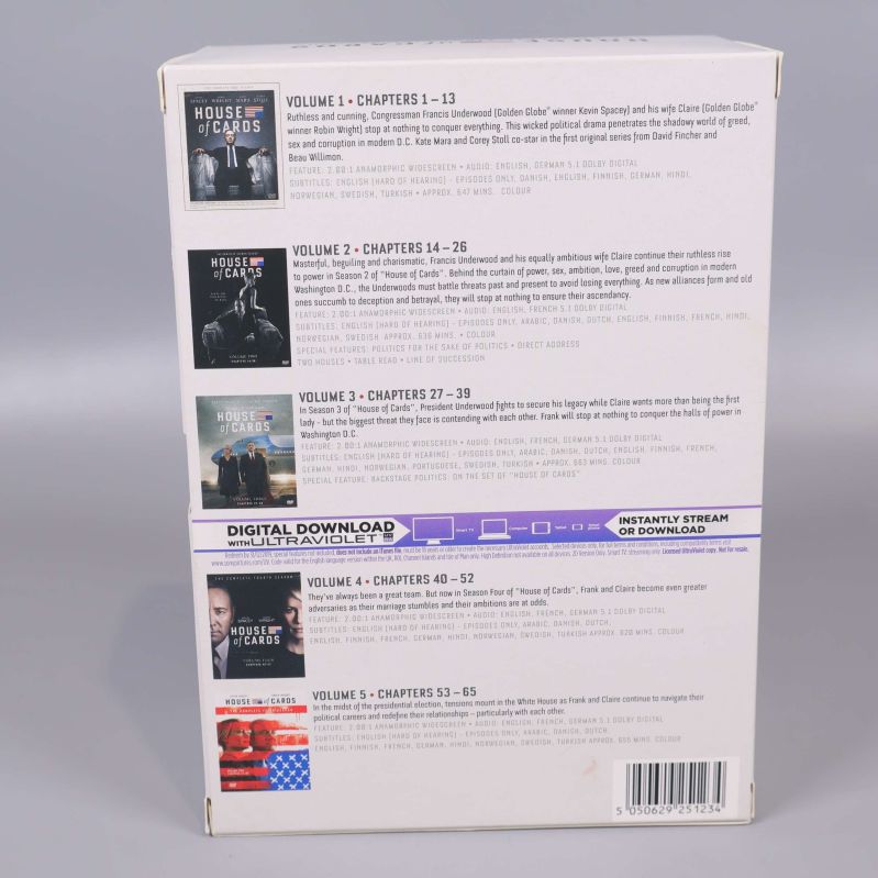 Baksidan av House of Cards dvd-box med säsongsbeskrivningar