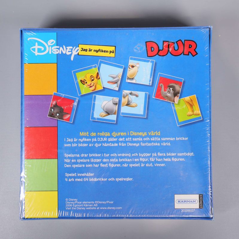 Baksidan av Disney djur pusselspel med spelbeskrivning och bilder