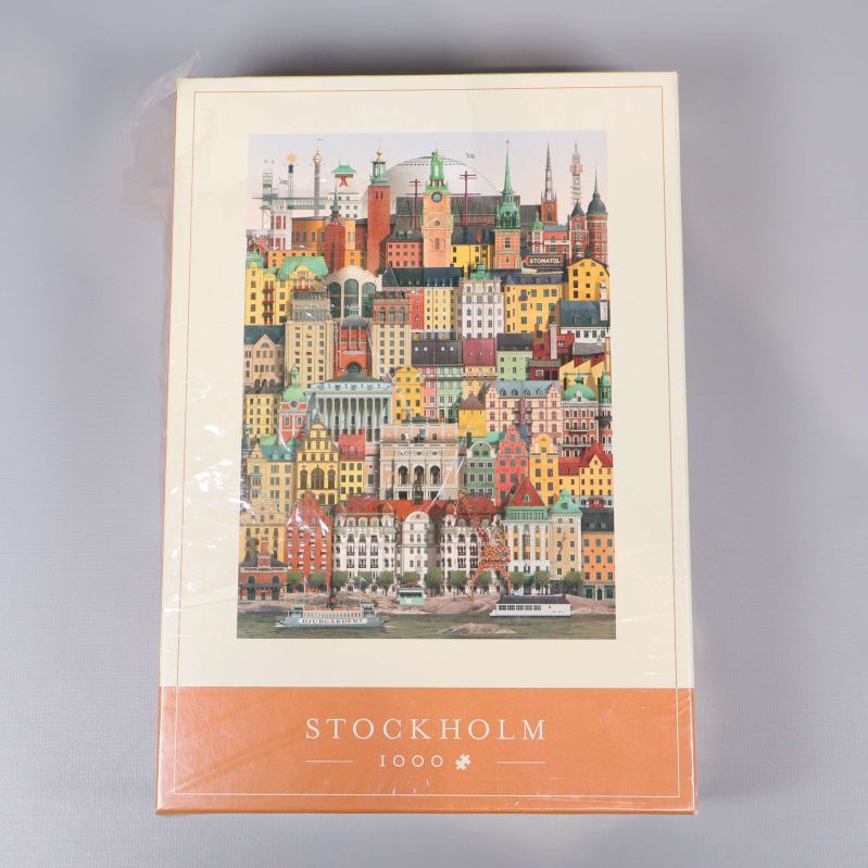 Pusselask med illustration av Stockholms byggnader, 1000 bitar