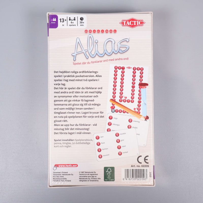 Baksidan av Alias spelask med beskrivning och illustration av spelets delar