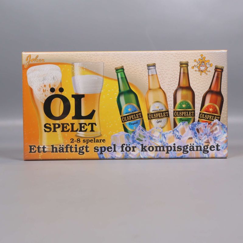Framsida på ölspel med färgglada flaskor och is