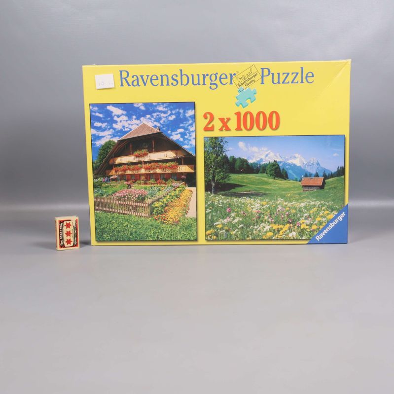 Ravensburger pusselbox med naturmotiv samt storleksreferens