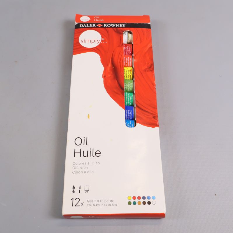 Förpackning med Daler Rowney oljefärger 12-pack
